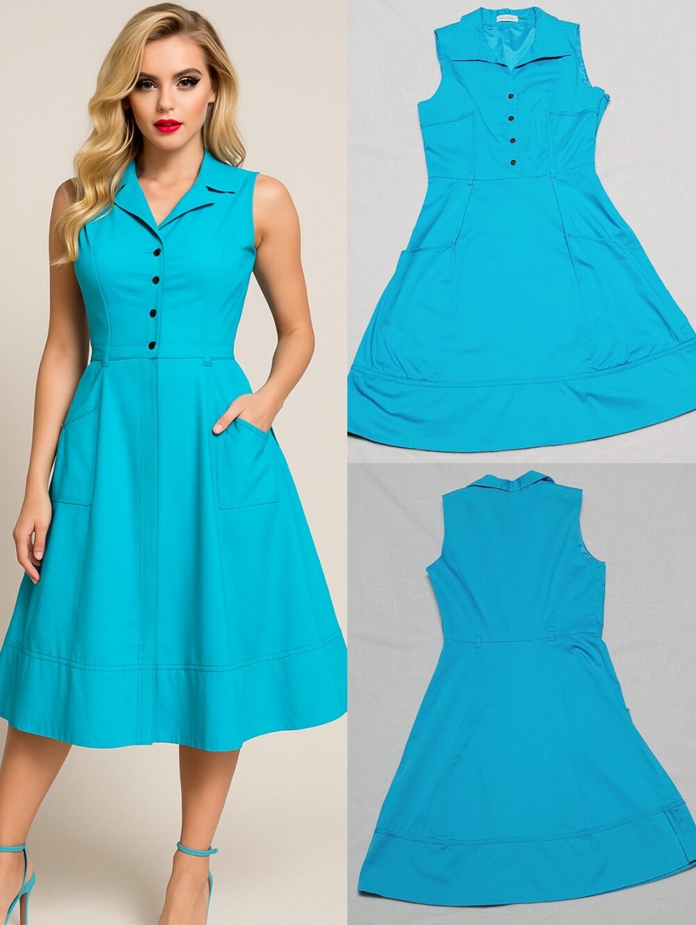 Calvin Klein Deep Sky Blue Stretchy Sleeveless Collared Fit & Flare Midi Dress 6
